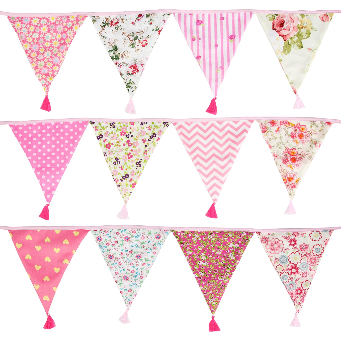 G2PLUS 10.8Ft Cotton Triangle Bunting Banner – 12pcs Pink Floral Fabric Pennant Flag with Tassels, Double Side Triangle Banner Garland for Weddings, Birthdays, Garden & Baby Showers