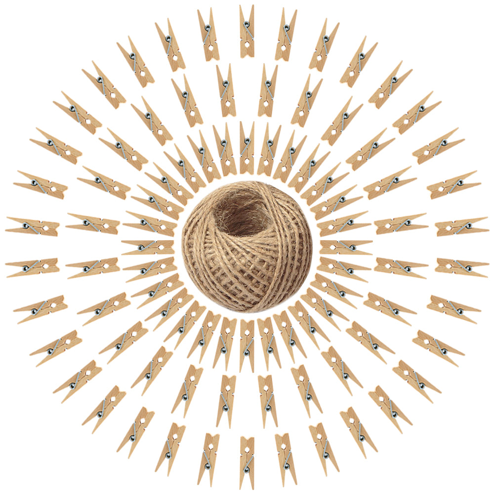 G2PLUS 100PCS Mini Wooden Pegs - 3.5cm Wooden Photo Display Clips - Tiny Wooden Clothes Pegs with 30 M Jute String for Arts and Crafts, Weddings & Events