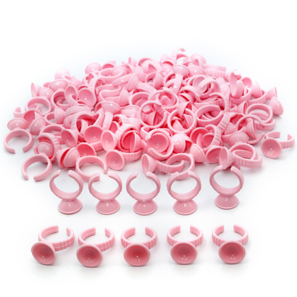 G2PLUS Pink Eyelash Glue Holder Ring - 300PCS Lash Extension Glue Rings - Small Disposable Plastic Glue Cups Rings for Eyelash Extension, Tattoo Application, Nails Extension
