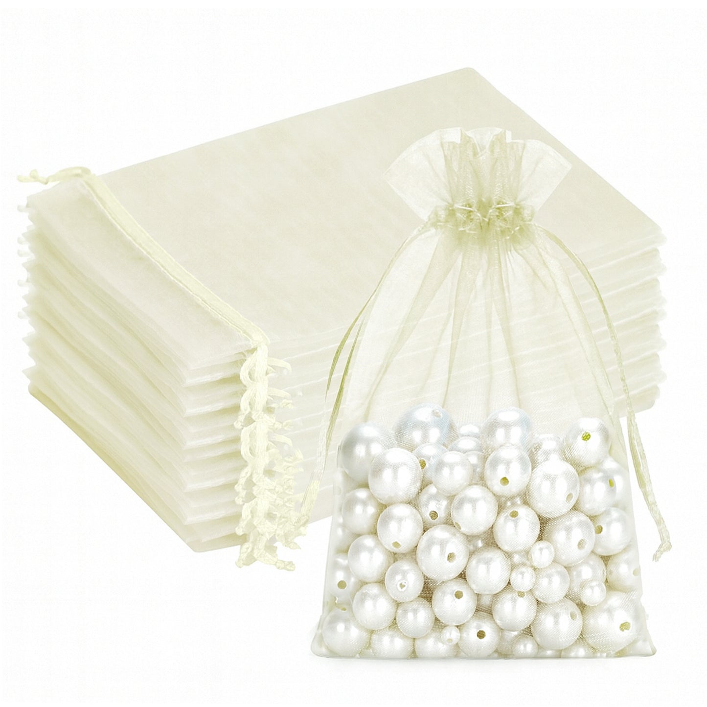 G2PLUS 25PCS Drawstring Organza Bags 5x7 inches - Ivory Organza Gift Bags, Sheer Mesh Pouches for Candy, Jewelry, Baby Shower, Wedding Party Favors