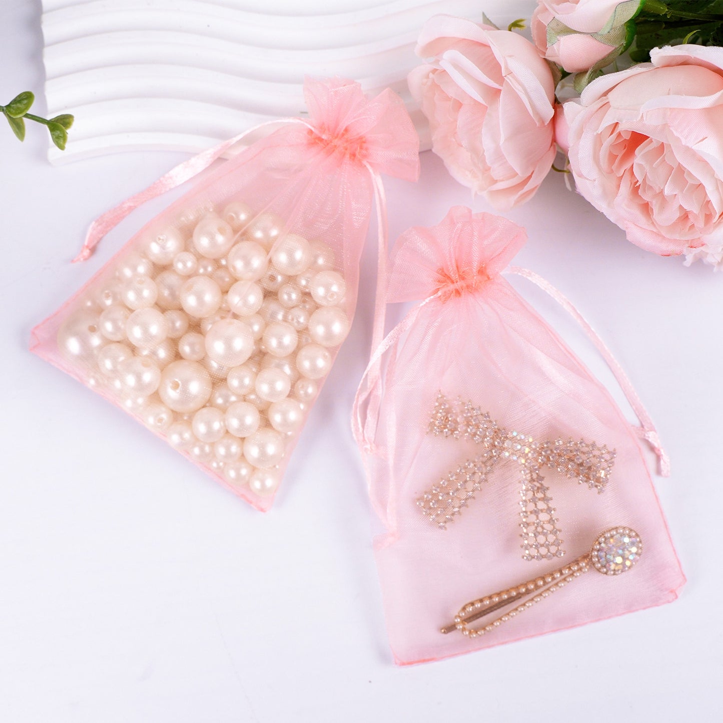 G2PLUS 100PCS Blush Pink Organza Bags 4x6 in - Organza Gift Bags with Drawstring, Sheer Mesh Jewelry Pouches for Christmas, Baby Shower, Wedding Party Favors