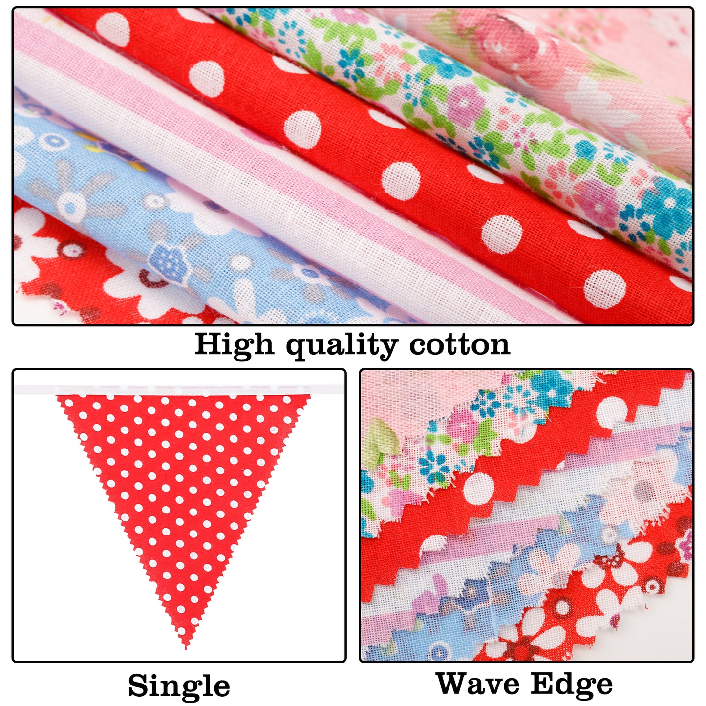 G2PLUS 39Ft Triangle Bunting Banner, 42pcs Cotton Pennant Banner, Reusable Red White Blue Fabric Triangle Flags Party Decoration for Birthday, Wedding, Baby Shower, Room Decor