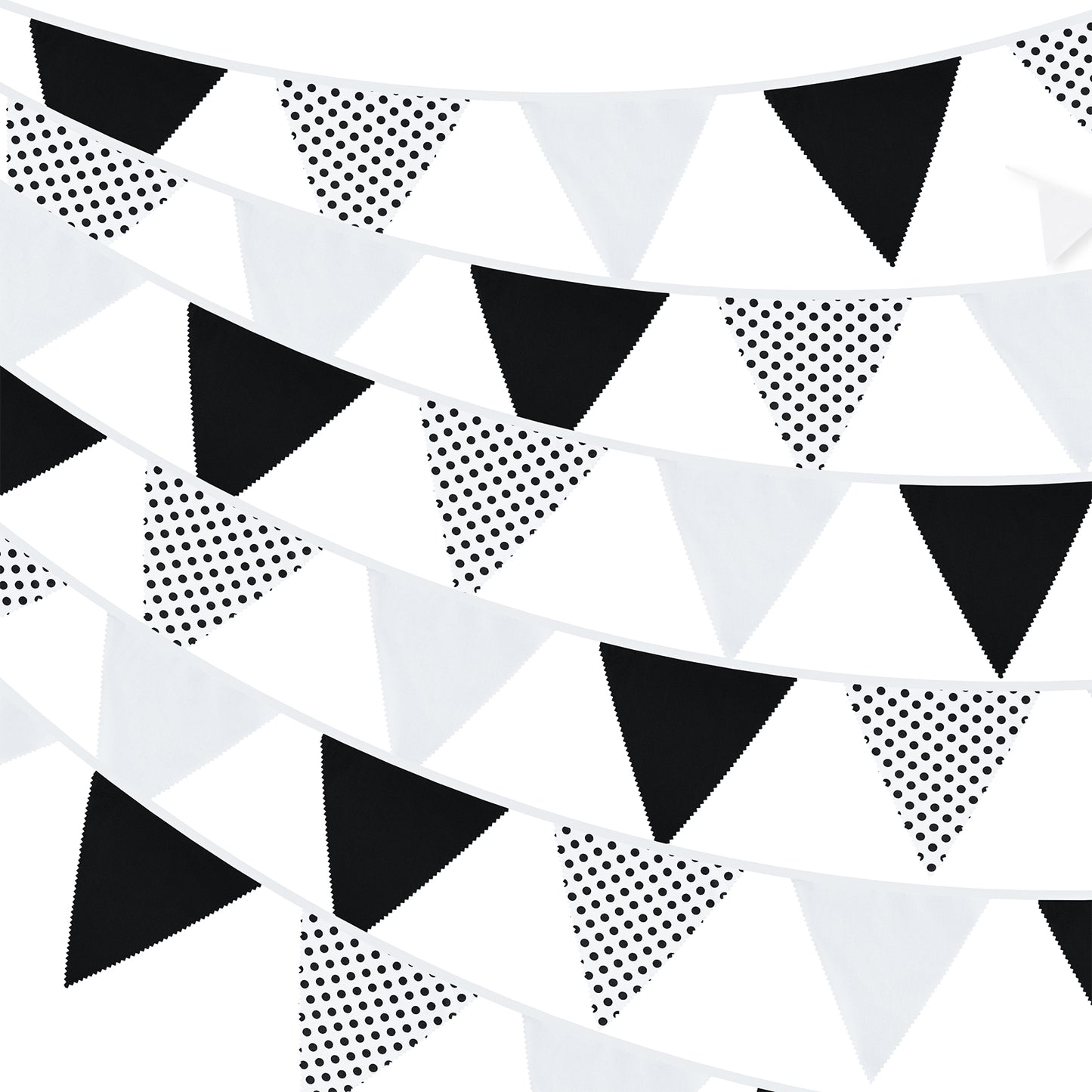 G2PLUS Black and White Dots Fabric Banner, 12M Dots Fabric Bunting, Large Cotton Triangle Garland with 42PCS Dots Blank Pennants for Wedding Birthday,Kid's Bedroom, Playhouse, Garden,Decoration