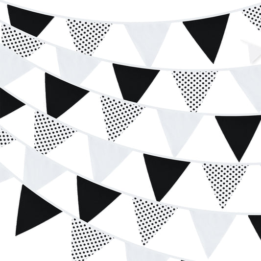 G2PLUS Black and White Dots Fabric Banner, 12M Dots Fabric Bunting, Large Cotton Triangle Garland with 42PCS Dots Blank Pennants for Wedding Birthday,Kid's Bedroom, Playhouse, Garden,Decoration