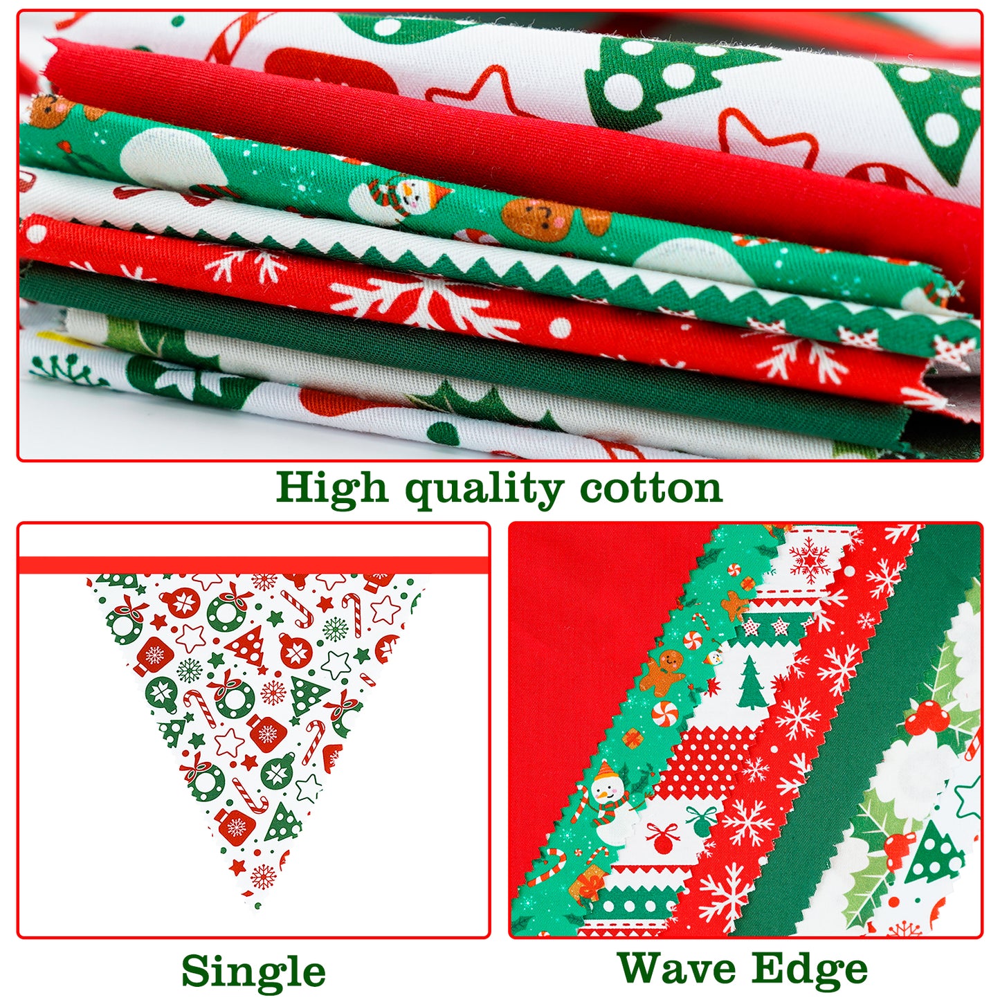 G2PLUS Christmas Triangle Bunting Banner, 39Ft Cotton Pennant Banner, Red and Green Fabric Flags for Holiday, Home and Party Hanging Decorations