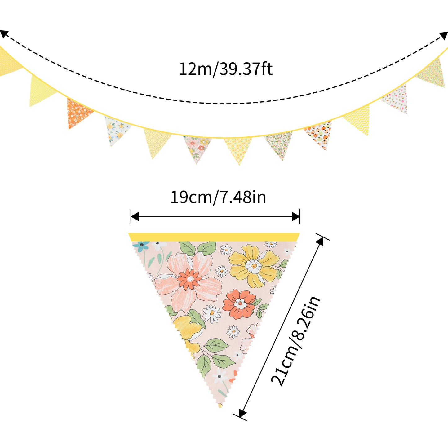G2PLUS Yellow Triangle Bunting Banner, 39Ft Cotton Pennant Banner, 42pcs Reusable Fabric Triangle Flags Party Decoration for Birthday, Wedding, Baby Shower, Room Decor