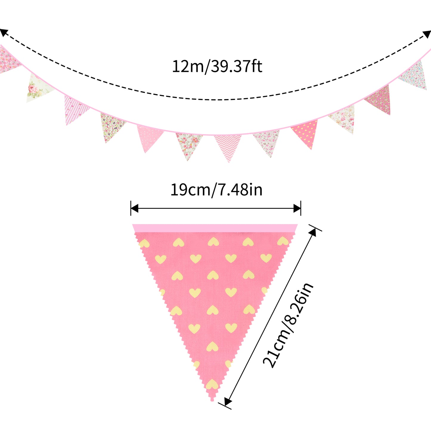 G2PLUS Pink Triangle Bunting Banner, 39Ft Cotton Pennant Banner, 42pcs Reusable Fabric Triangle Flags Party Decoration for Birthday, Wedding, Baby Shower, Room Decor