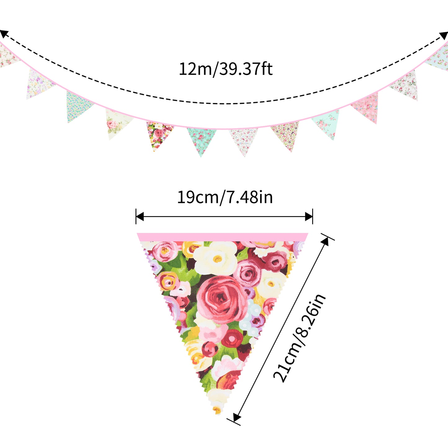 G2PLUS 39Ft Triangle Bunting Banner, 42pcs Cotton Pennant Banner, Reusable Pink Green Fabric Triangle Flags Party Decoration for Birthday, Wedding, Baby Shower, Room Decor