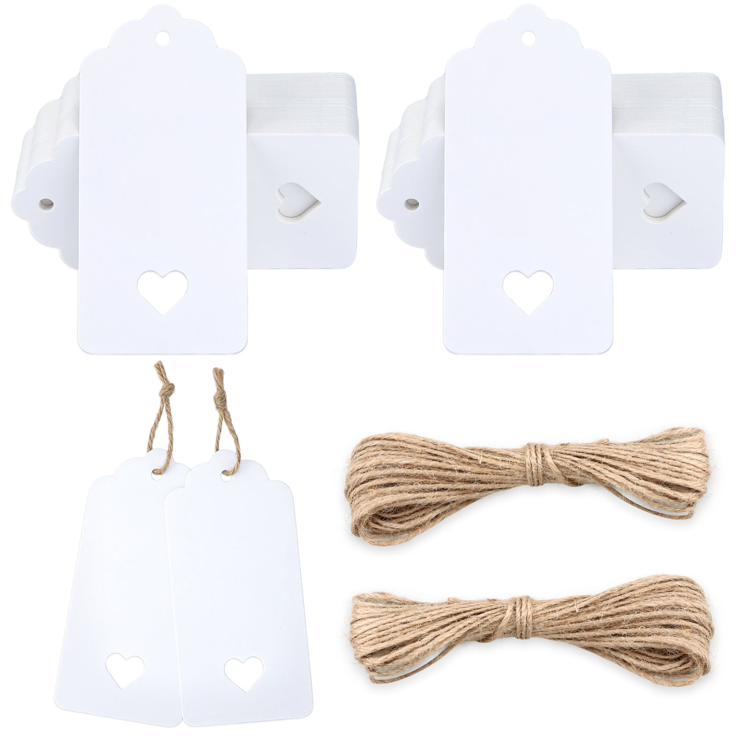 G2PLUS White Gift Tags with Heart, 100PCS Blank Paper Tags with String, 4.5x9.5CM Large Gift Labels for Wedding Favors, Craft Paper Tags for Presents, 300g/m²