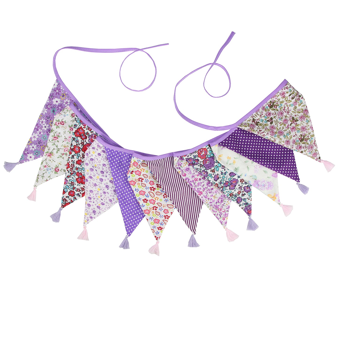 G2PLUS 10.8Ft Cotton Triangle Bunting Banner – 12pcs Purple Floral Fabric Pennant Flag with Tassels, Double Side Triangle Banner Garland for Weddings, Birthdays, Garden & Baby Showers