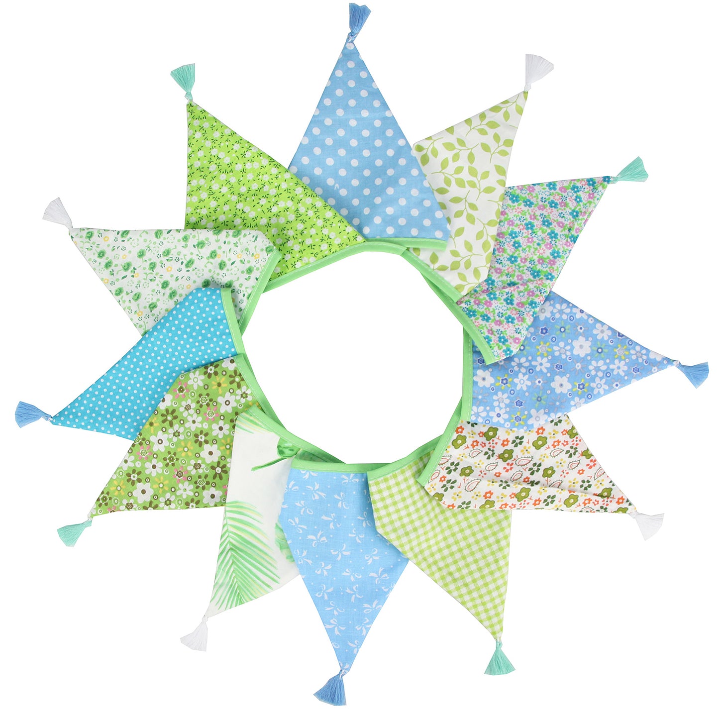 G2PLUS 10.8Ft Cotton Triangle Bunting Banner – 12pcs Blue and Green Floral Fabric Pennant Flag with Tassels, Double Side Triangle Banner Garland for Weddings, Birthdays, Garden & Baby Showers