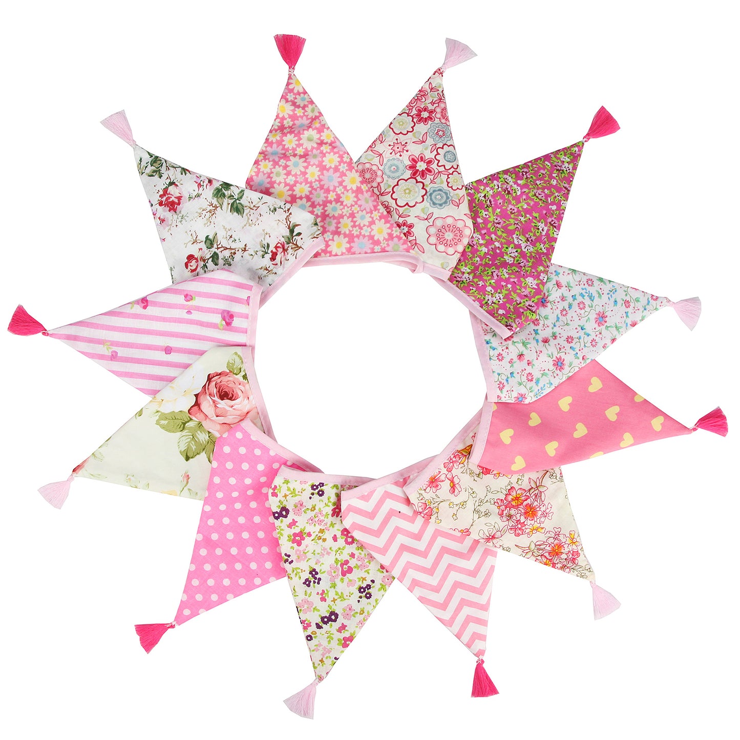 G2PLUS 10.8Ft Cotton Triangle Bunting Banner – 12pcs Pink Floral Fabric Pennant Flag with Tassels, Double Side Triangle Banner Garland for Weddings, Birthdays, Garden & Baby Showers