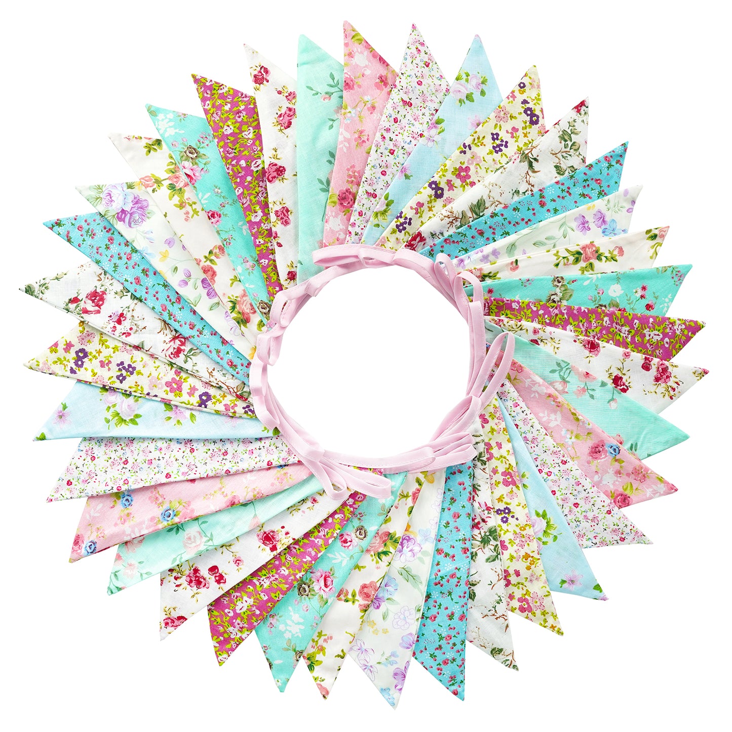 G2PLUS 36PCS Large Fabric Bunting Banner, 10M Double Sided Cotton Triangle Flag Garland-17x19CM Two Layer Blue and Purple Floral Pennants for Wedding Birthday Parties