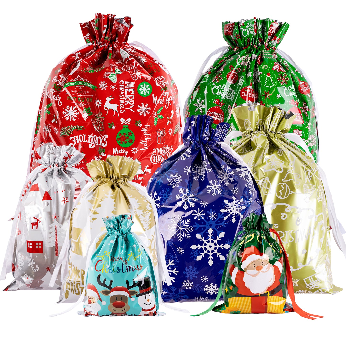 G2PLUS 20PCS Christmas Drawstring Gift Bags Assorted Sizes, Goodie Bags with Ribbon, 8 Designs Aluminum Foil Christmas Bags, Present Wrapping Bags for Packages, Holidays, and Birthday Party