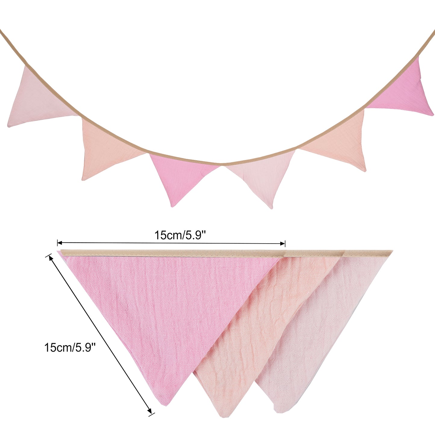 G2PLUS Nursery Fabric Bunting, Baby Bunting for Nursery, 6PCS Double Side Cloth Triangle Banner, Pastel Pink Cotton Bunting Banner for Nursery/Bedroom/Baby Shower Decor, 1.9m