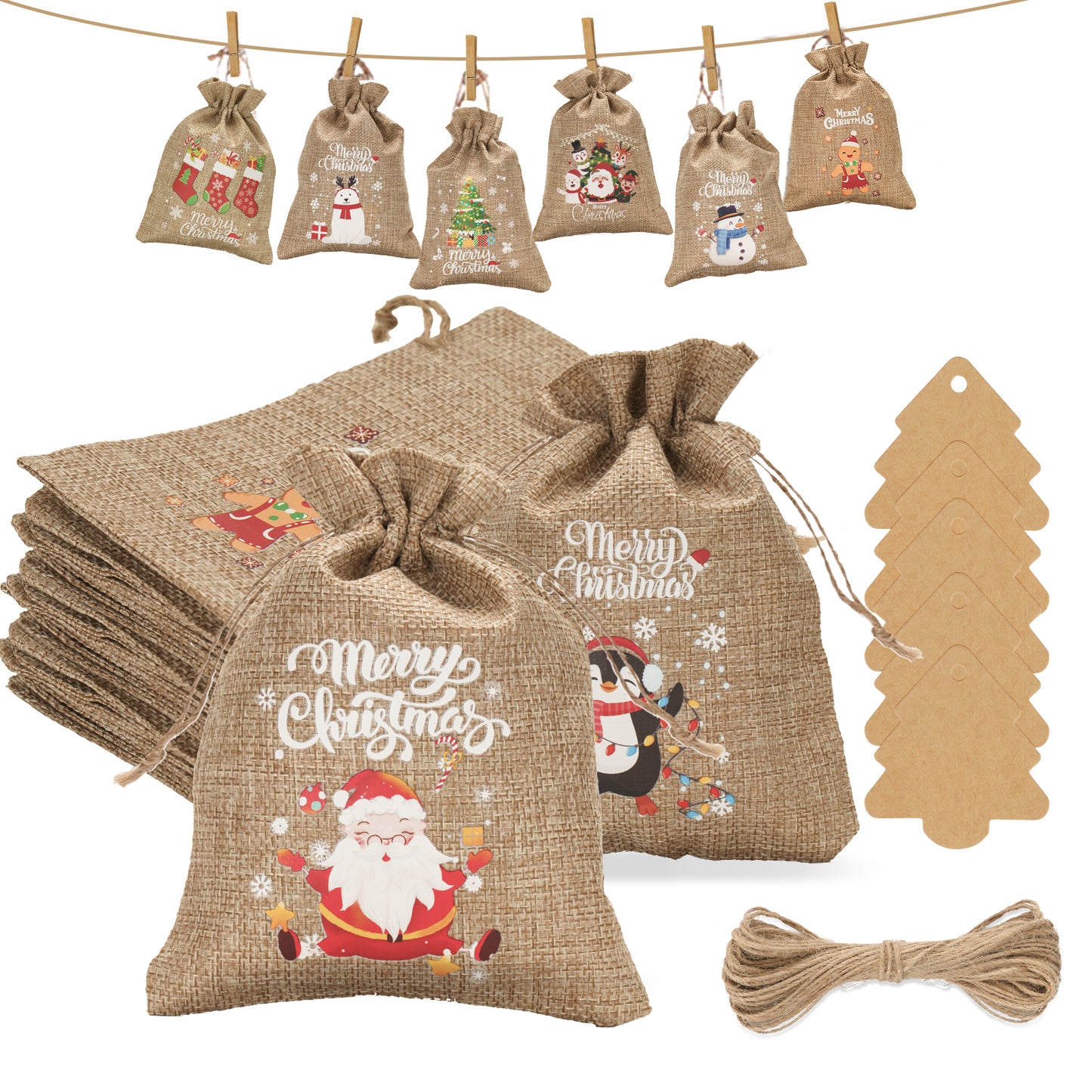G2PLUS 24 PCS Advent Calandar Bags, 10x15cm Medium Christmas Burlap Bags, Hessian Christmas Sacks, Christmas Burlap Drawstring Bags for Advent Calandar, Christmas Party Decoration