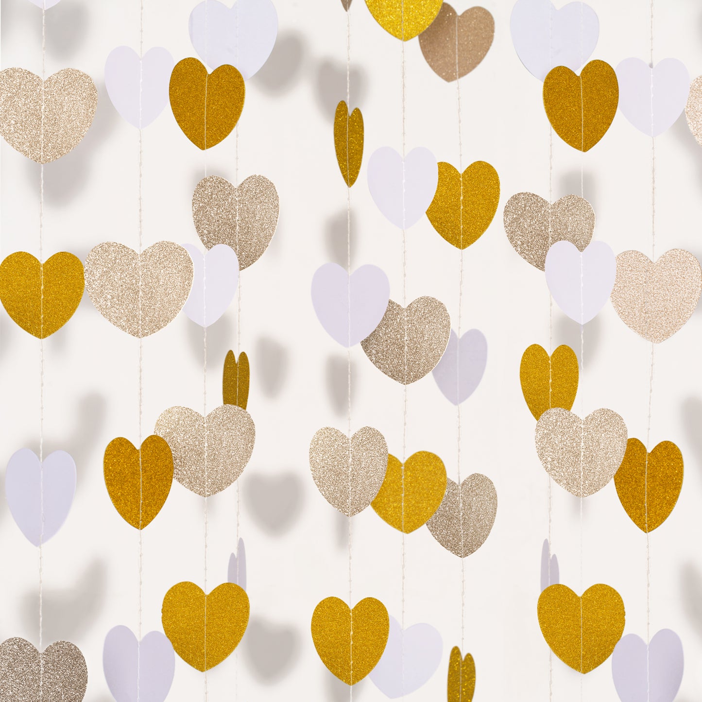 G2PLUS Champagne Gold White Glitter Heart Garland, 16m Reflective Paper Hanging Garlands, Paper Garland Hanging Streamer for Anniversary, Wedding, Birthday Party, Baby Shower