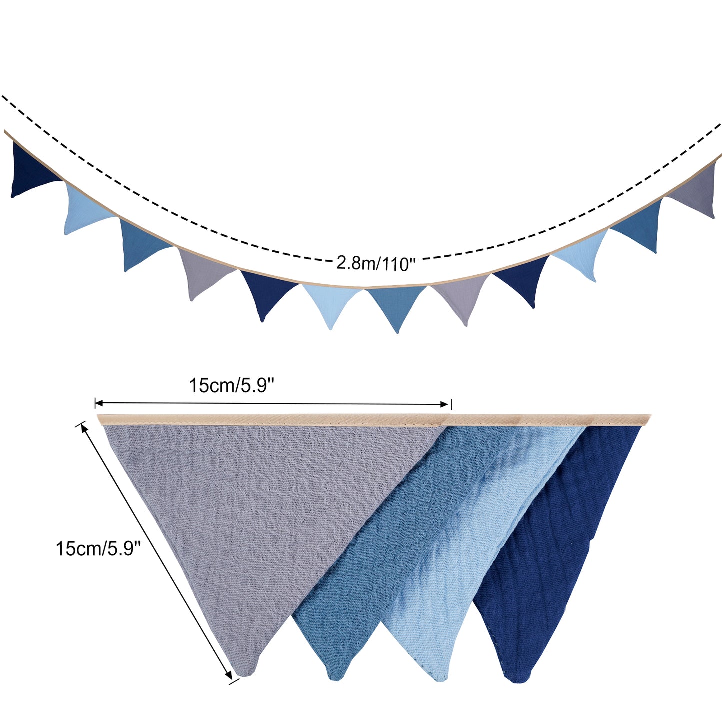 G2PLUS Nursery Fabric Bunting, Baby Bunting for Nursery, 12PCS Double Side Cloth Triangle Banner, Blue and Grey Cotton Bunting Banner for Nursery/Bedroom/Baby Shower Decor, 2.8m
