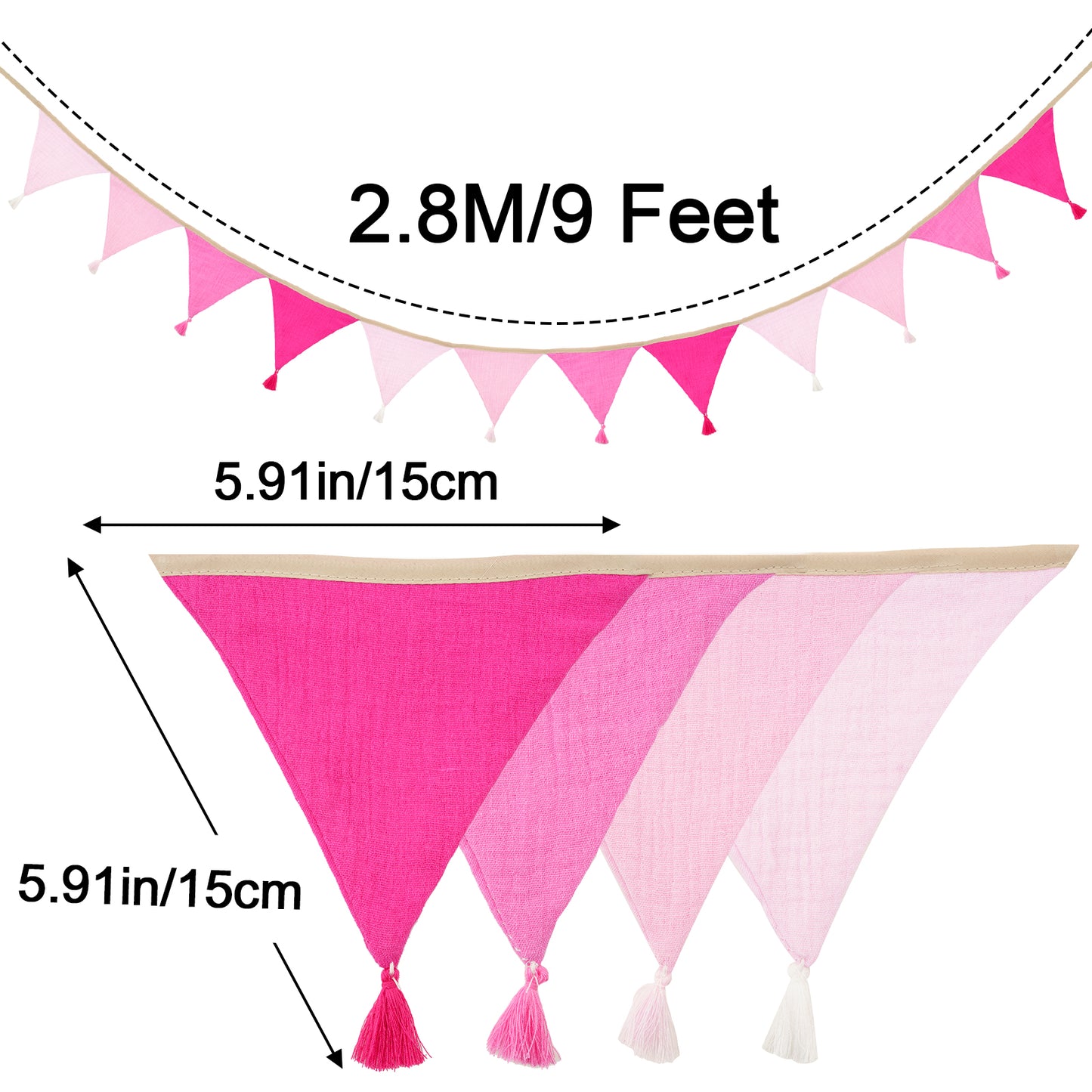 G2PLUS Cotton Fabric Bunting Banner, 9Ft Pink Triangle Pennant Banner Flag, 12pcs Double-Sided Bunting Garland with Tassels for Birthday Party, Wedding, Holiday, Classroom Hanging Decor