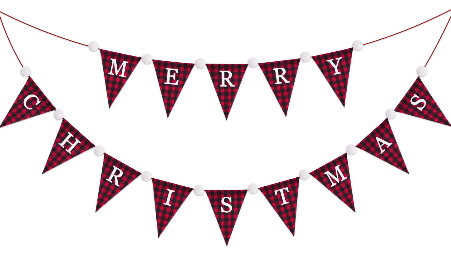 G2PLUS Merry Christmas Burlap Banner, 19.6Ft Red and Black Buffalo Plaid Banner, Pre-strung Triangle Pennant Flag Garland Bunting for Holiday Party, Fireplace Wall, Xmas Home Decorations