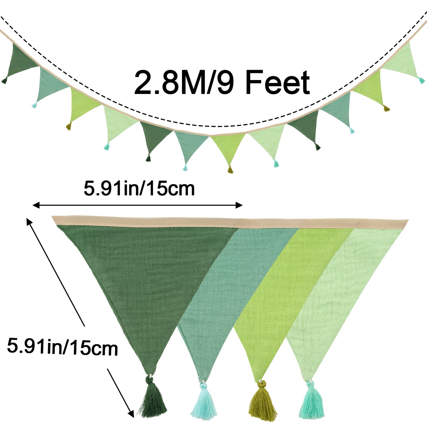 G2PLUS Cotton Fabric Bunting Banner, 9Ft Green Triangle Pennant Banner Flag, 12pcs Double-Sided Bunting Garland with Tassels for Birthday Party, Wedding, Holiday, Classroom Hanging Decor