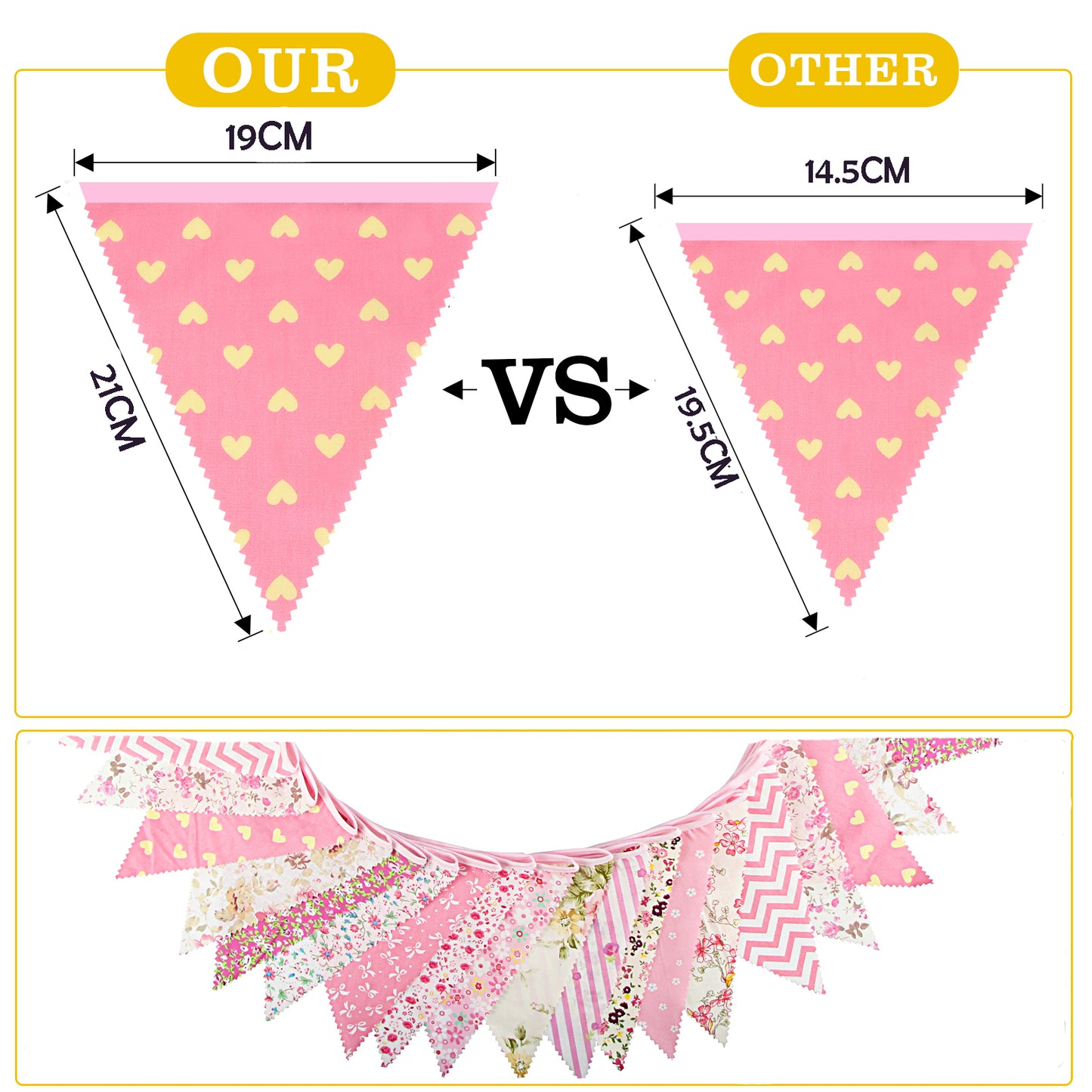 G2PLUS Pink Triangle Bunting Banner, 39Ft Cotton Pennant Banner, 42pcs Reusable Fabric Triangle Flags Party Decoration for Birthday, Wedding, Baby Shower, Room Decor