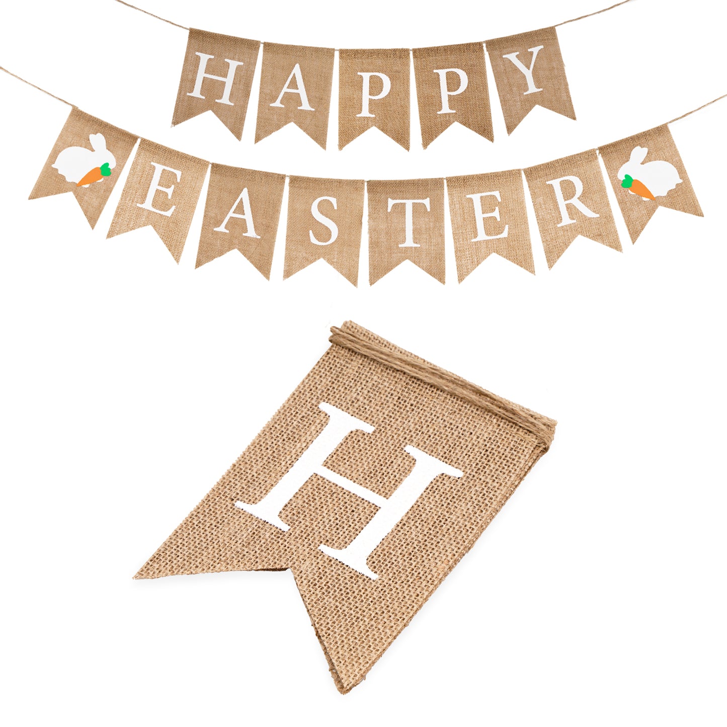 G2PLUS Burlap Happy Easter Bunting Banner, Hessian Banner with White Happy Easter Letter, Burlap Happy Easter Bunting with Rabbit, Burlap Easter Decorations for Easter Party Decor