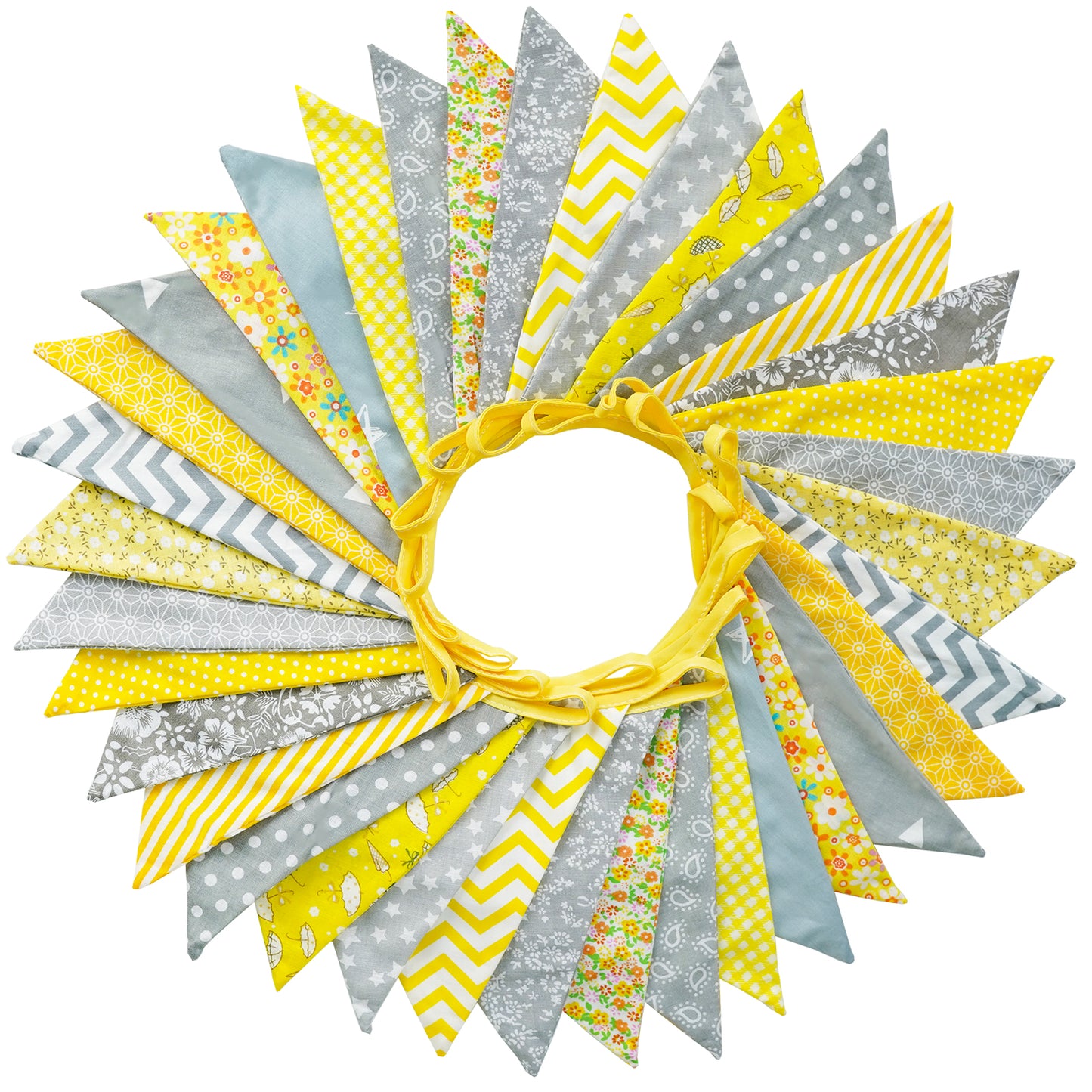 G2PLUS 36PCS Large Fabric Bunting Banner-10M Two Layer Triangle Flag Garland-17x19CM Double Sided Floral Pennants for Wedding Birthday Parties Decoration -Grey and Yellow