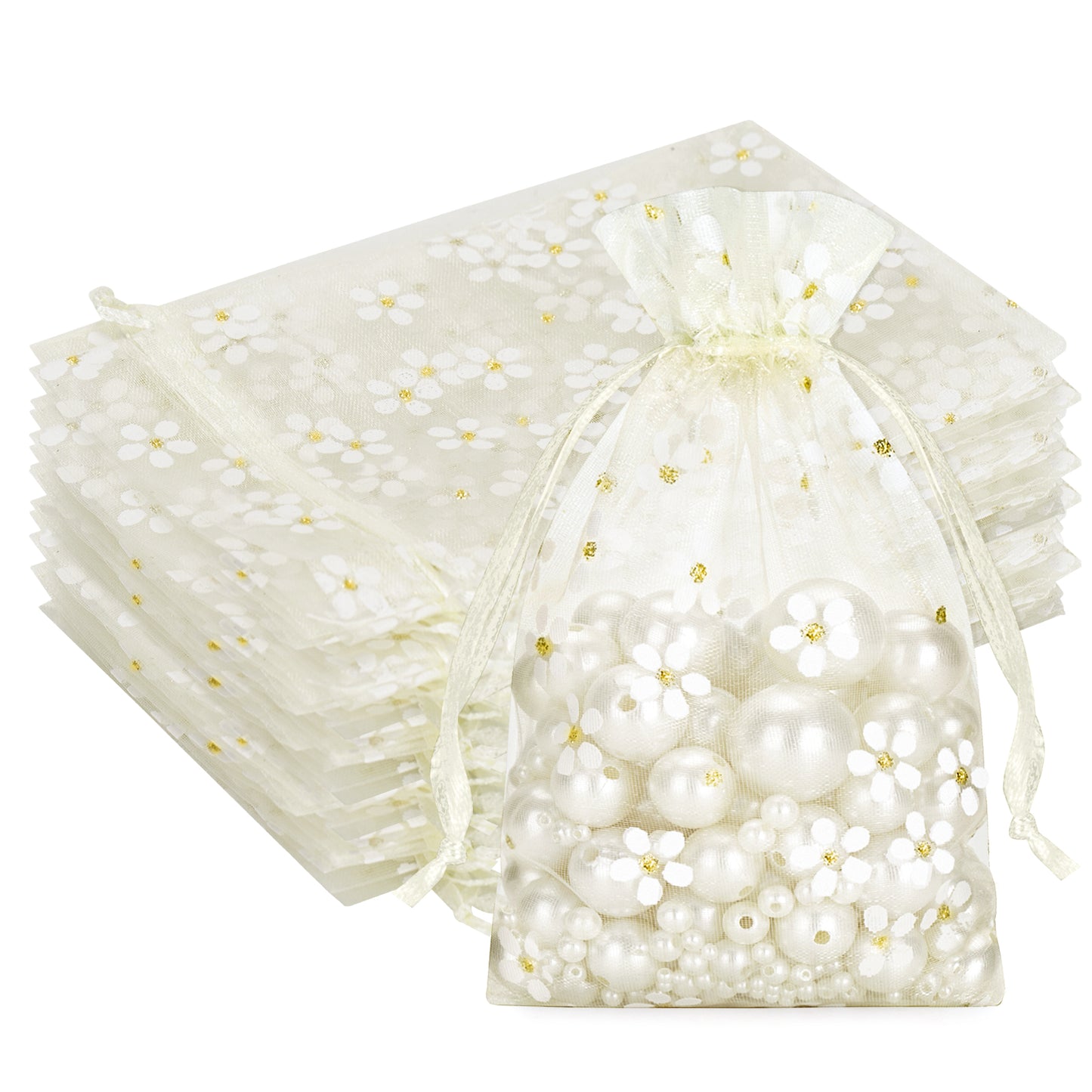 G2PLUS 30Pcs Ivory Organza Bags - 4x6 In Sheer Mesh Jewelry Pouches, Daisy Drawstring Organza Bags for Wedding, Baby Shower, Party Favors, Christmas
