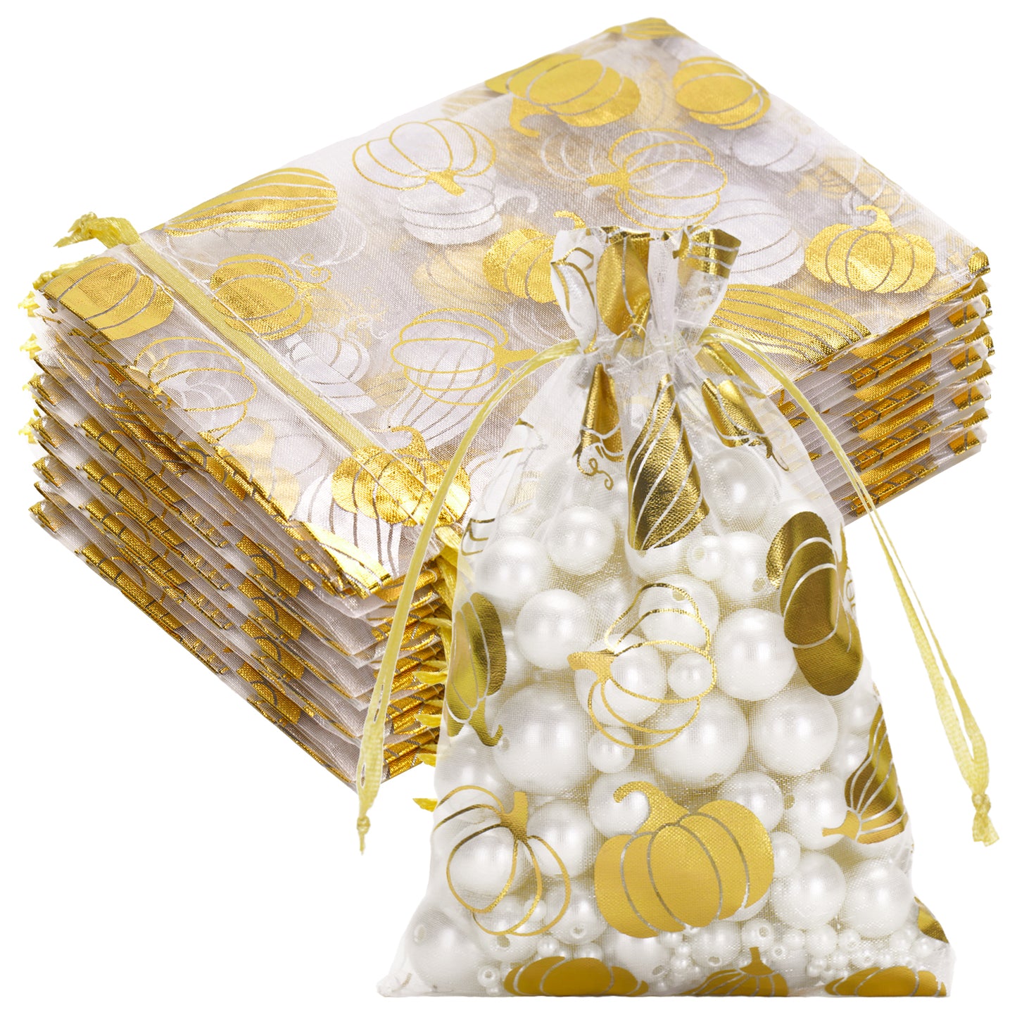 G2PLUS 50Pcs Fall Drawstring Organza Bags 4x6 In - Thanksgiving Organza Bags, White Sheer Mesh Pouches, Gold Pumpkin Candy Treat Bag for Wedding, Baby Shower, Autumn Holiday Party Favors