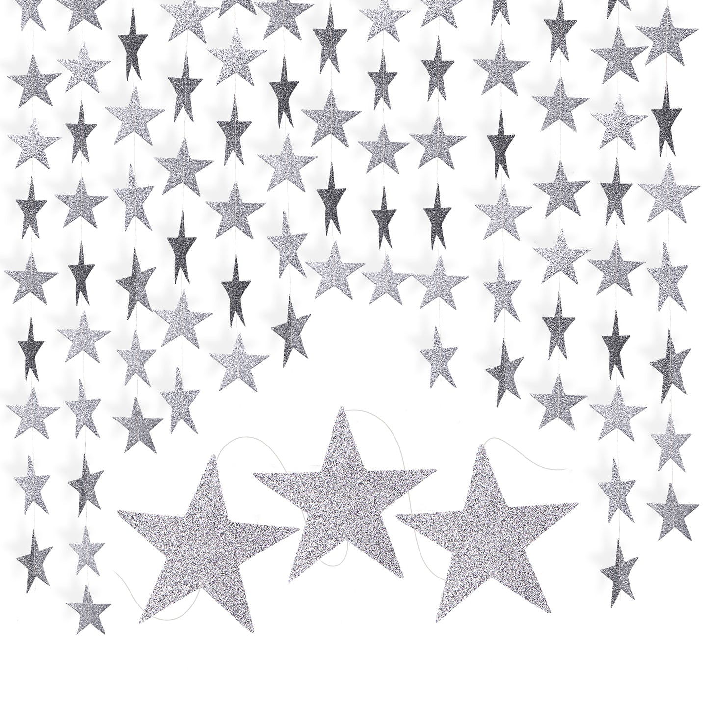 G2PLUS Silver Glitter Star Garland, 16m Sparkling Paper Star Garland, Stars Bunting Garland for Birthday, Twinkle Little Star Party Garlands for Wedding Theme Party Backdrop Decor