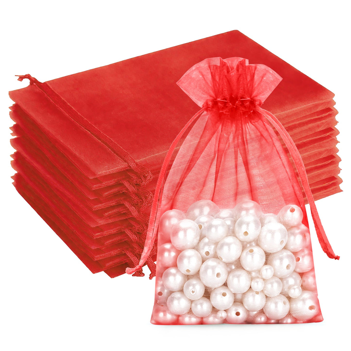 G2PLUS 25PCS Red Drawstring Organza Bags 5x7 inches - Christmas Organza Bags, Candy Gift Wrap Pouches for Christmas, Baby Shower, Wedding Party Favors