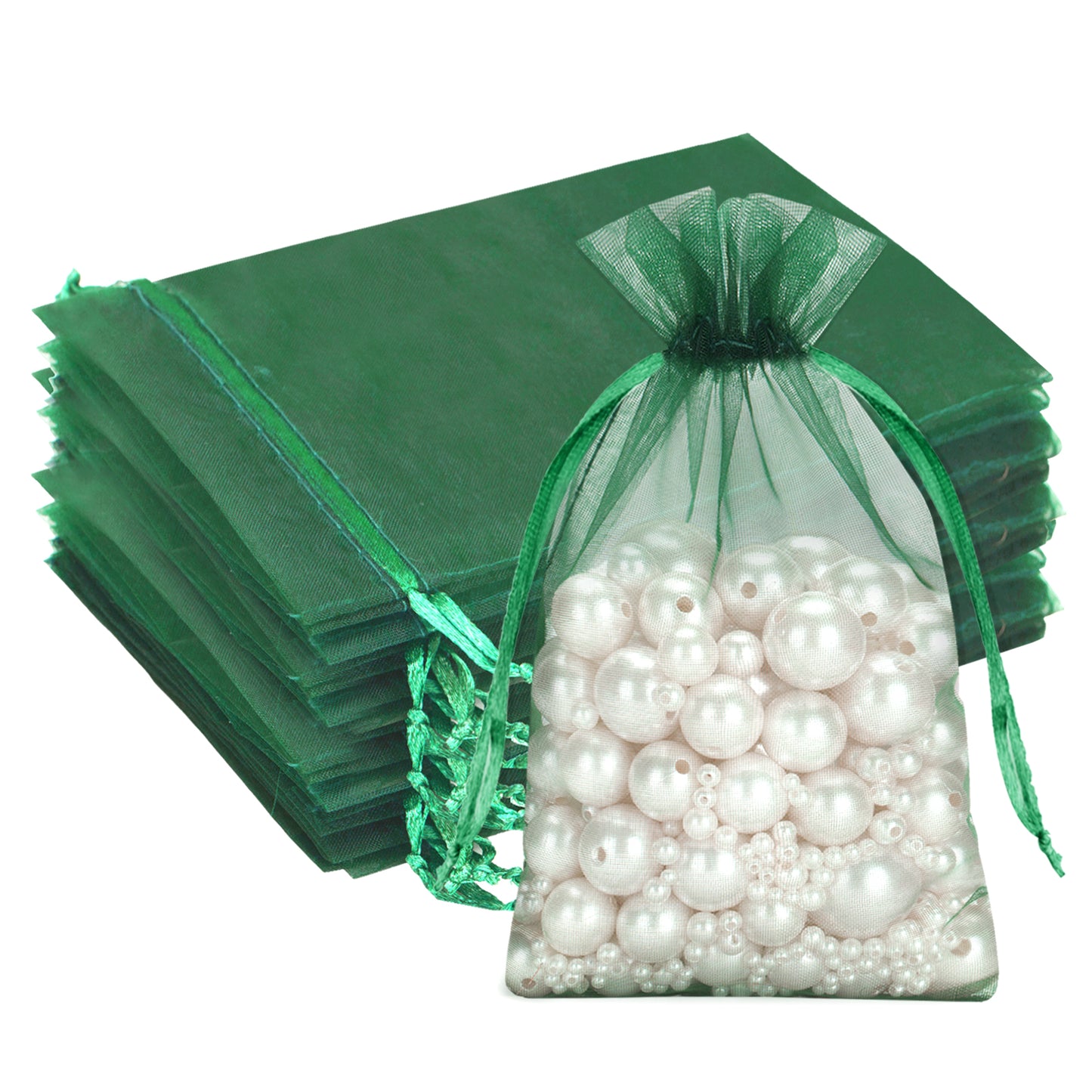 G2PLUS 100PCS Drawstring Organza Bags 4x6 in - Christmas Dark Green Organza Bags, Sheer Mesh Pouches for Candy, Fruits, Baby Shower, Wedding Party Favors