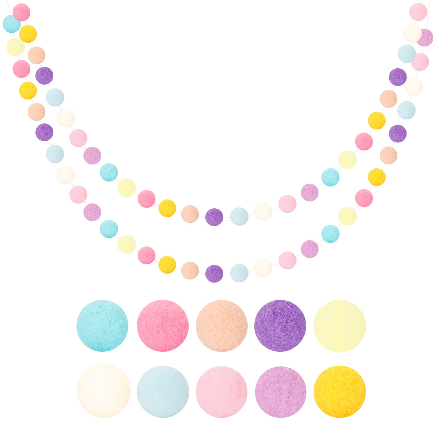 G2PLUS 2PCS Colored Felt Ball Garland, Macaroon Pom Pom Garland with 60 Balls, Nursery Decor Garland, Felt Ball Garlands for Bedroom Classroom Birthday Party Decoration