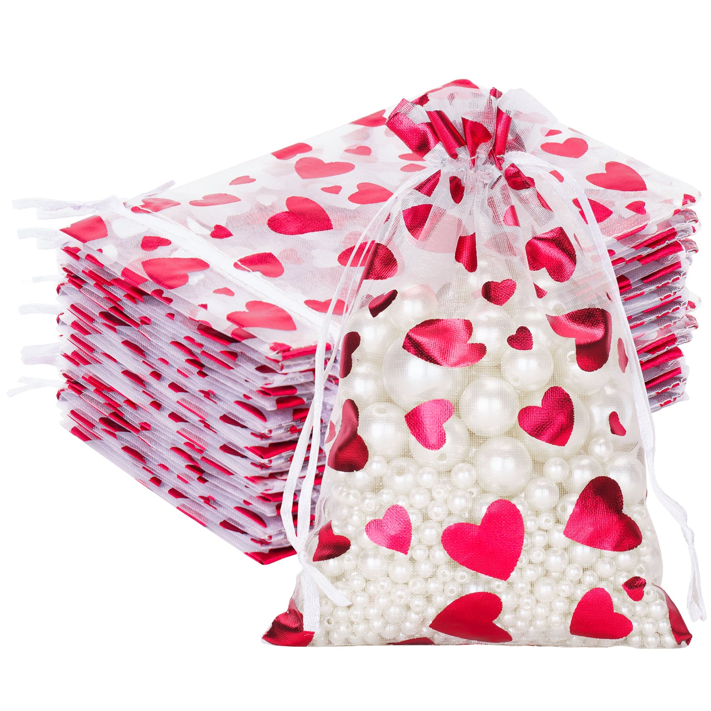 G2PLUS Heart Organza Bags, 4''x6'' Organza Gift Bags, 50PCS Drawstring Sheer Organza Gift Bags, Organza Mesh Jewelry Pouches, Candy Bags for Easter, Mother's Day, Wedding Party Favors (White Red)