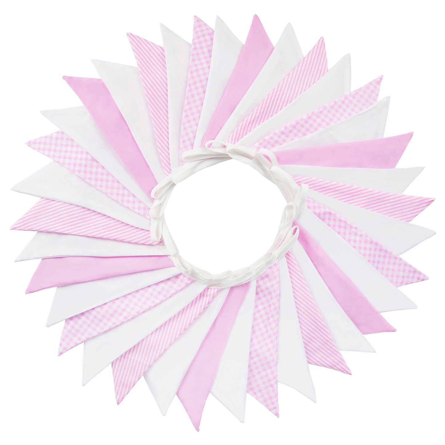 G2PLUS 36PCS Pink and White Fabric Bunting, Two Layer 10M Lovely Triangle Banner Garlands, 17X19CM Double Side Large Cotton Pennants for Wedding Birthday Parties Ceremonies Bedrooms