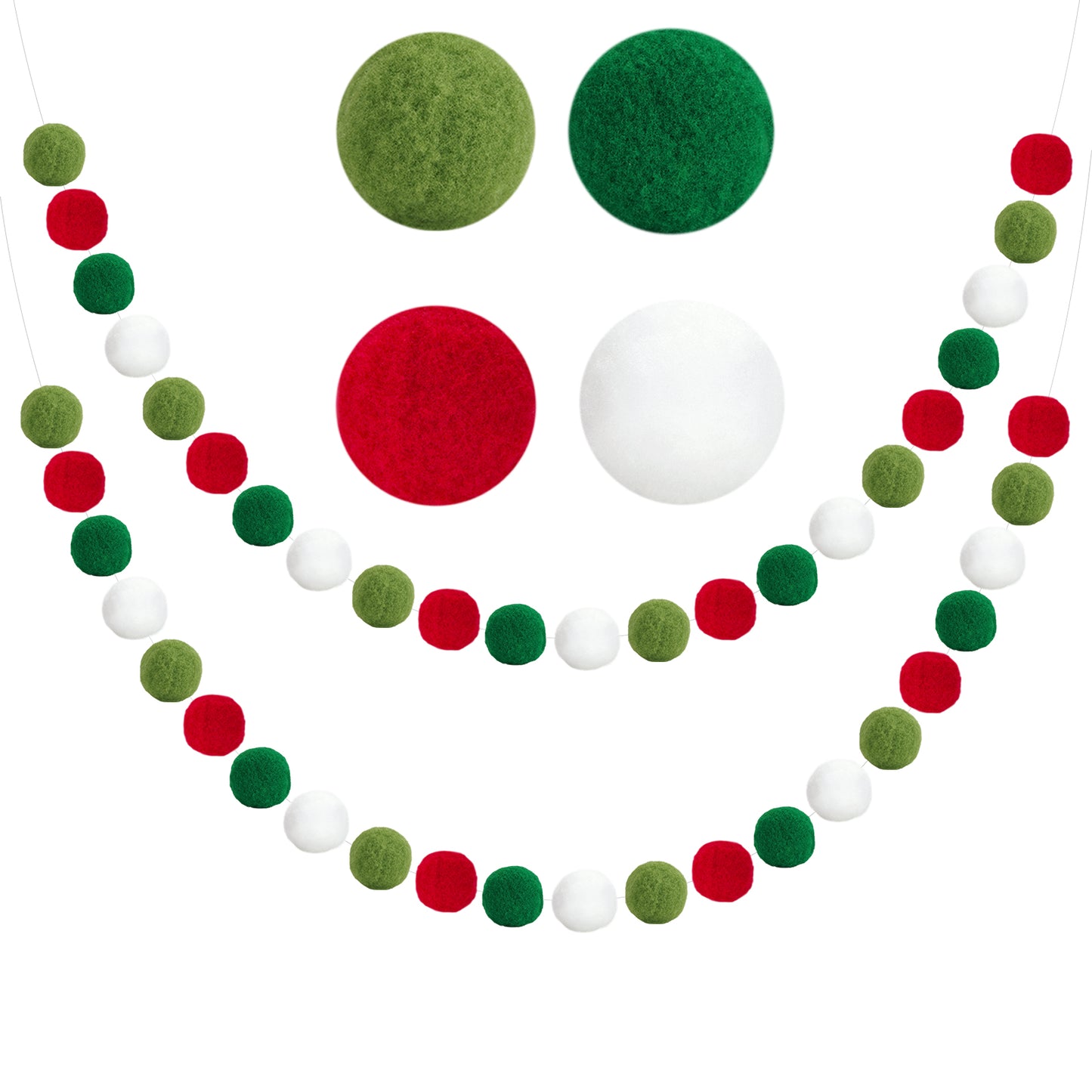 G2PLUS 2PCS Colored Felt Ball Garland, Pom Pom Garland with 60 Balls for Christmas, Green Red and White Nursery Decor Garland, Felt Ball Garlands for Christmas Tree Party Decoration