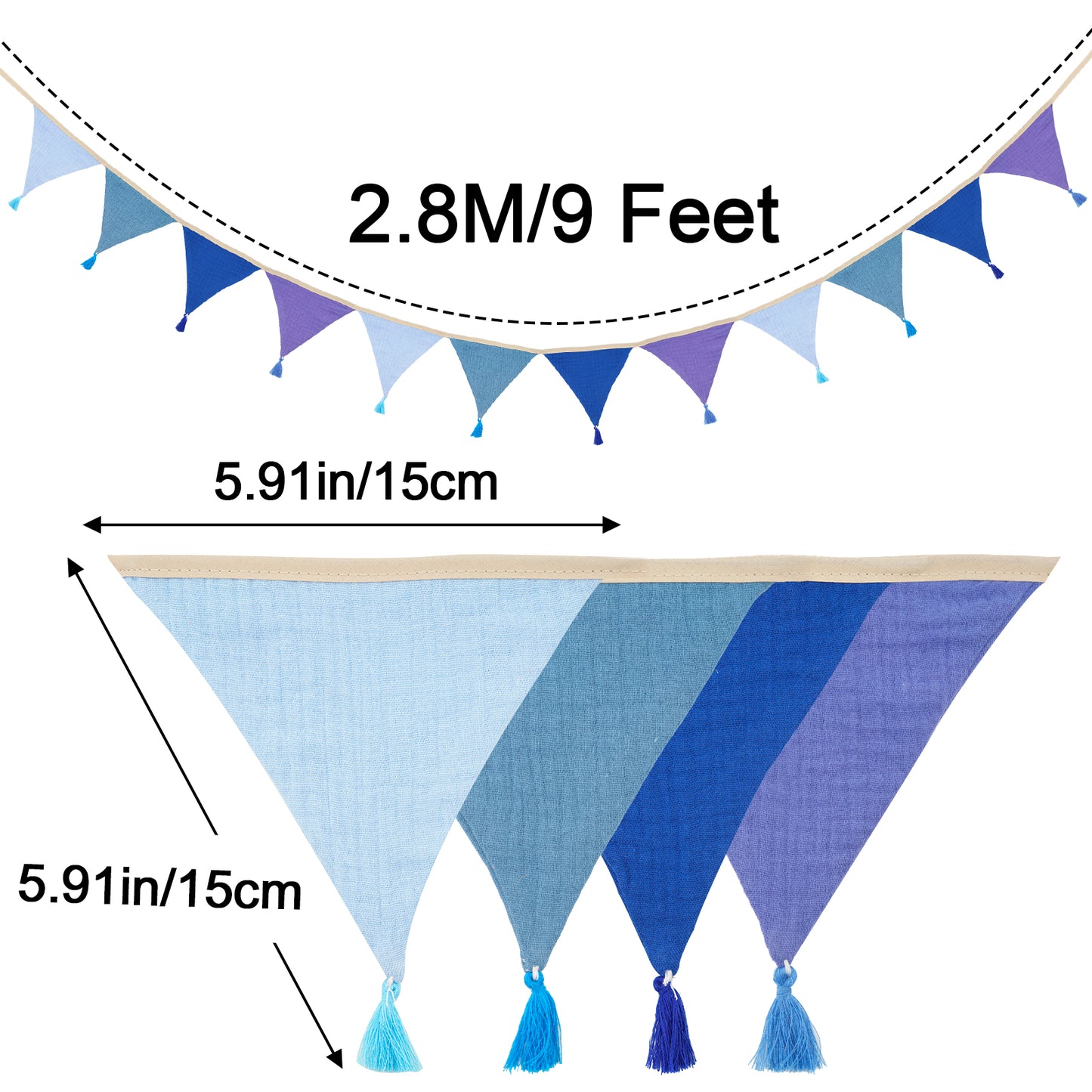 G2PLUS Cotton Fabric Bunting Banner, 9Ft Blue Triangle Pennant Banner Flag, 12pcs Double-Sided Bunting Garland with Tassels for Birthday Party, Wedding, Holiday, Classroom Hanging Decor
