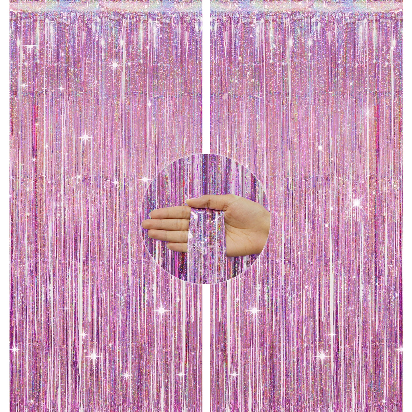 G2PLUS Pink Glitter Foil Curtains, 2PCS Metallic Tinsel Foil Fringe Curtains, 1m×2.5m Party Backdrop Streamers, Tinsel Curtain for Girl's Unicorn Birthday Wedding Prom Barbie Party Decoration