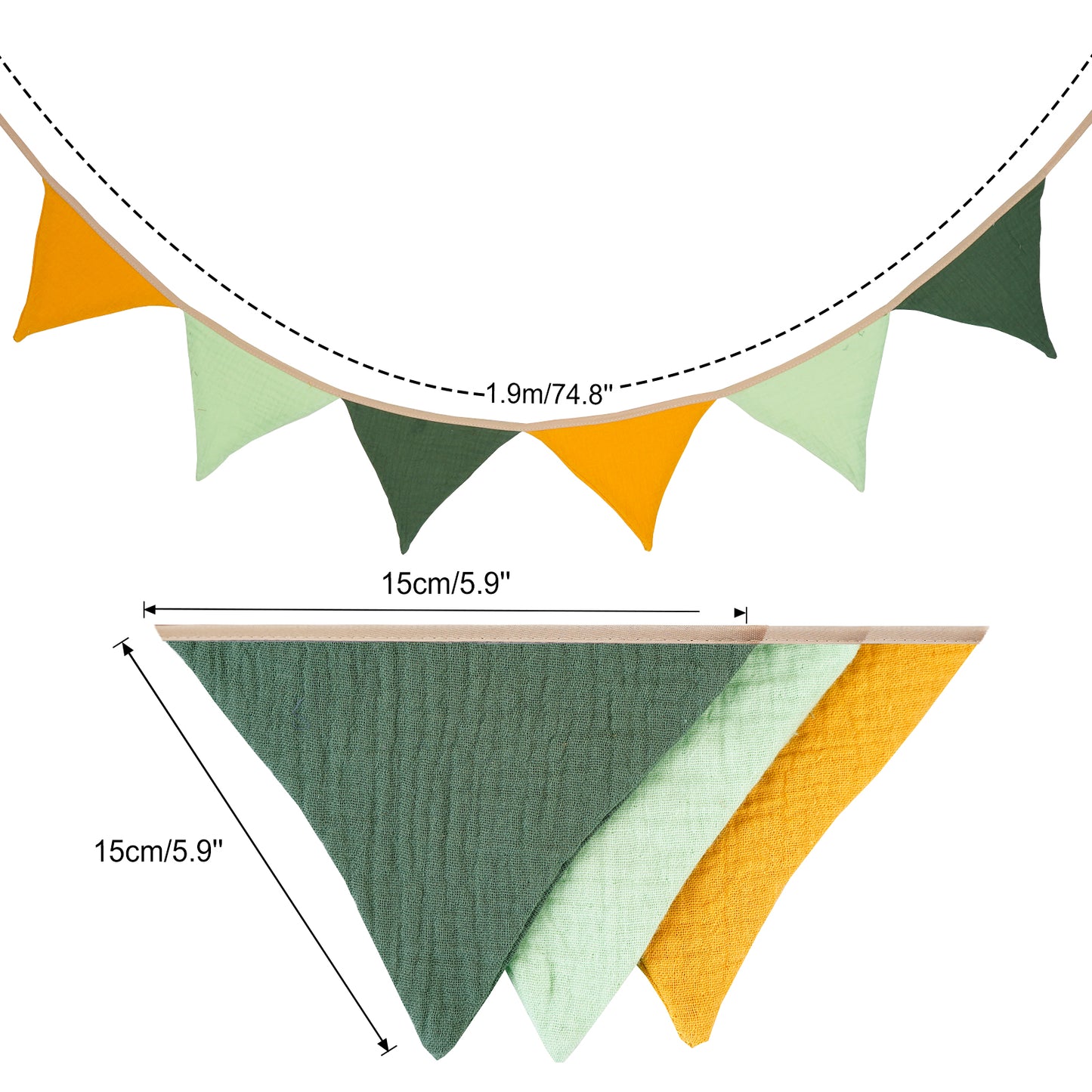 G2PLUS Nursery Fabric Bunting, Baby Bunting for Nursery, 6PCS Double Side Cloth Triangle Banner, Green and Yellow Cotton Bunting Banner for Nursery/Bedroom/Baby Shower Decor, 1.9m