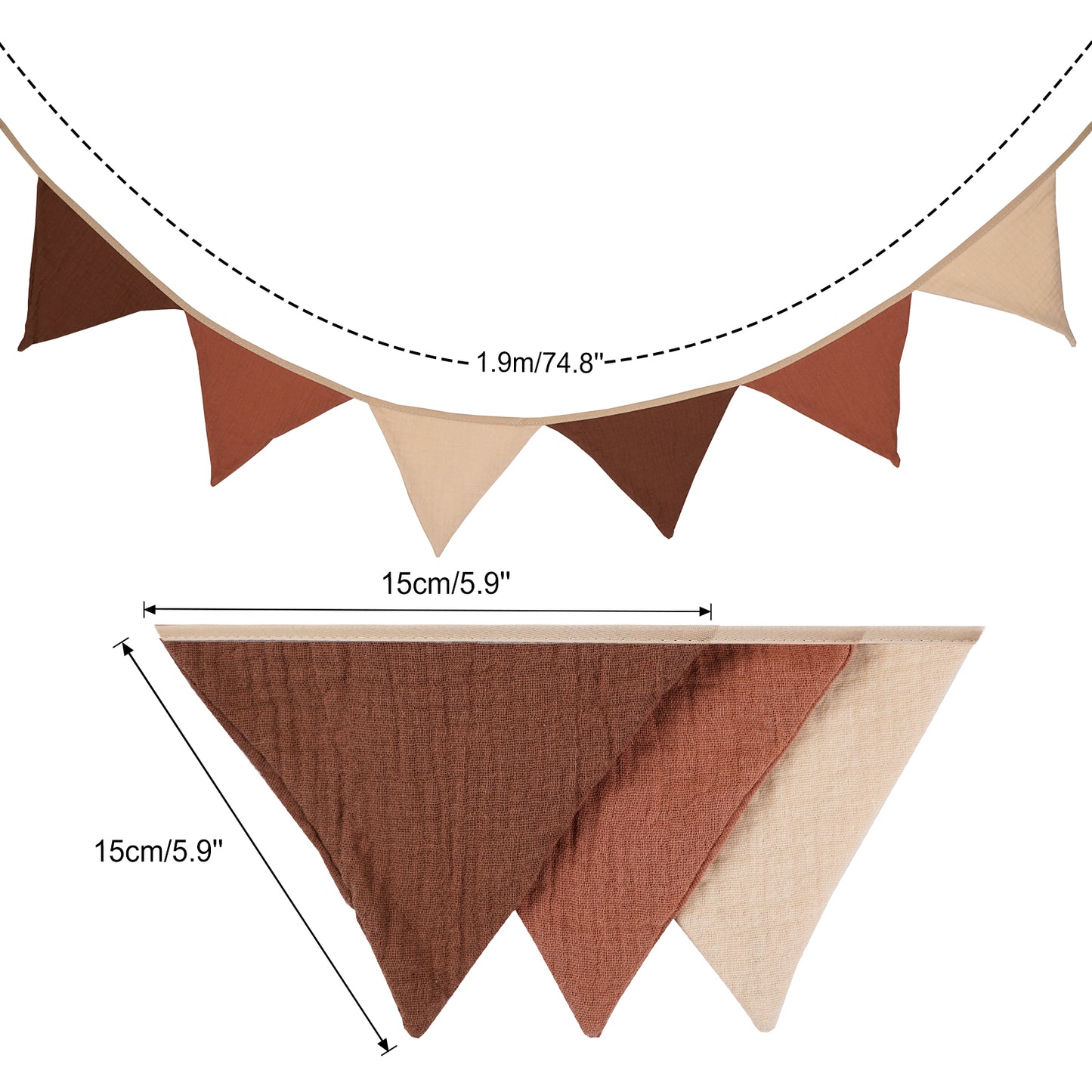 G2PLUS Nursery Fabric Bunting, Baby Bunting for Nursery, 6PCS Double Side Cloth Triangle Banner, Coffee and Beige Cotton Bunting Banner for Nursery/Bedroom/Baby Shower Decor, 1.9m
