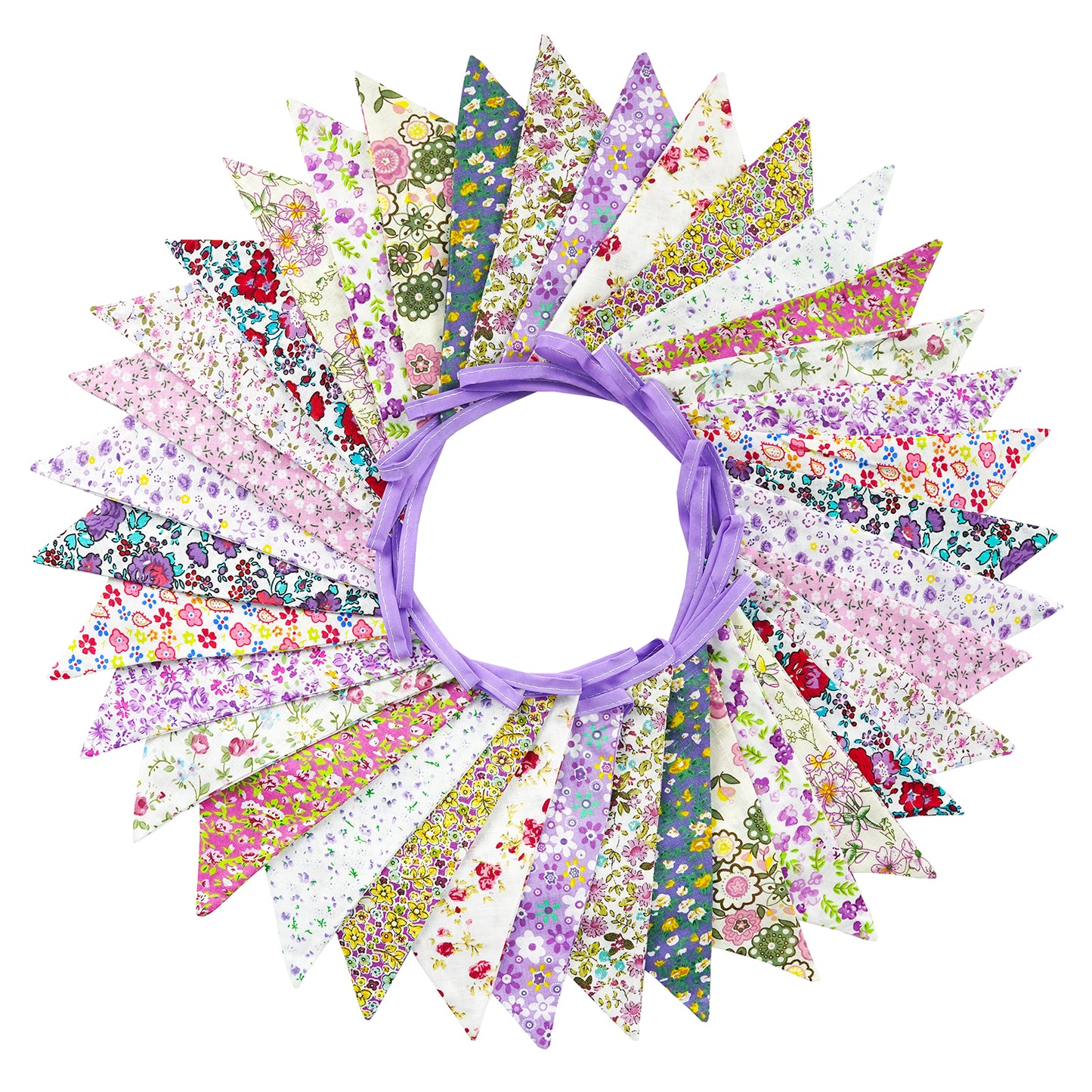 G2PLUS 36PCS Purple Fabric Bunting Banner, 10M Double Sided Cotton Bunting, 17x19CM Large Triangle Flag Garland, Floral Bunting Pennants for Wedding Birthday Parties