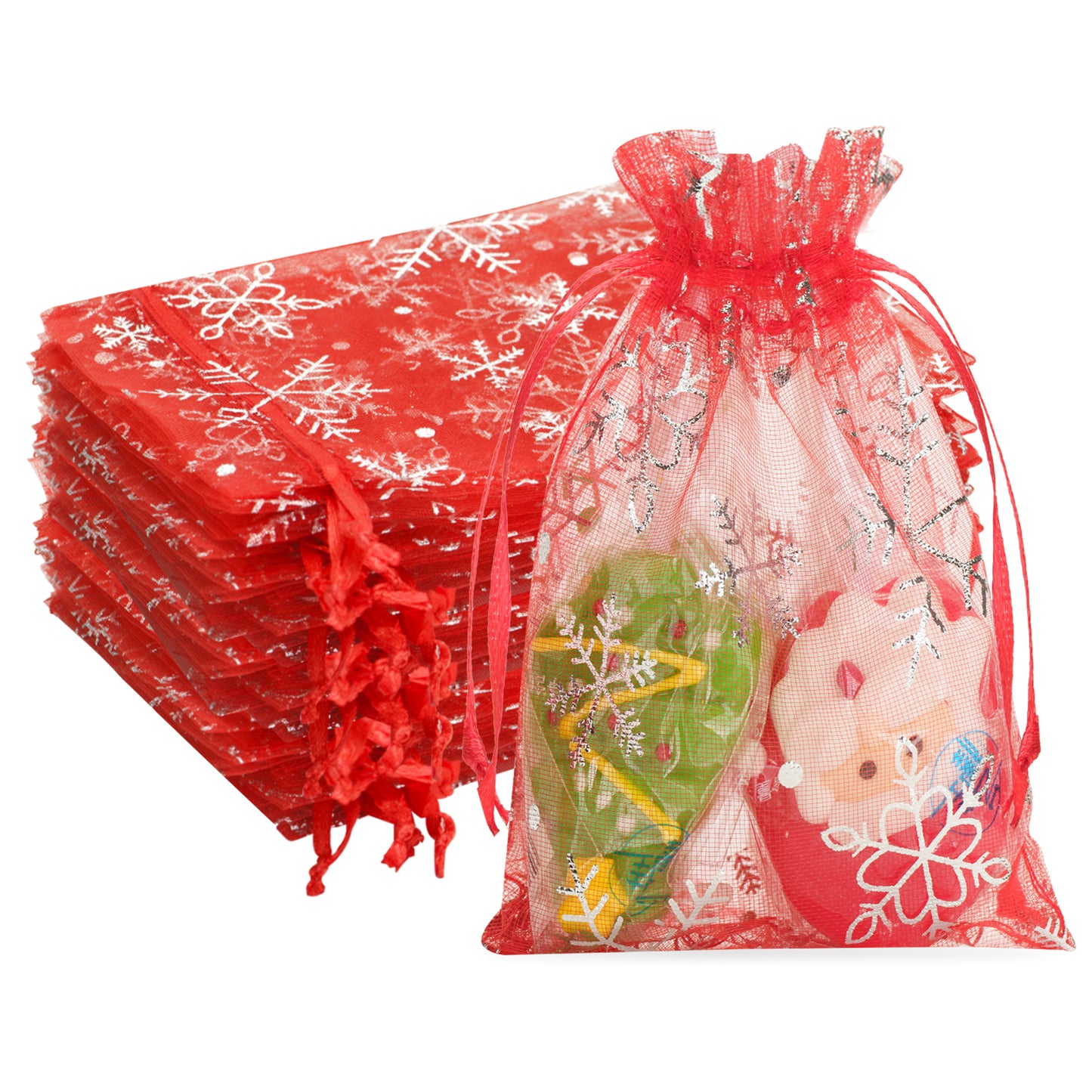 G2PLUS Christmas Drawstring Organza Bags, 50PCS Snowflake Organza Gift Bags, Red Christmas Organza Bags 4x6, Mesh Sheer Organza Pouches, Xmas Winter Holiday Organza Bags for Jewelry, Candy, Goodies
