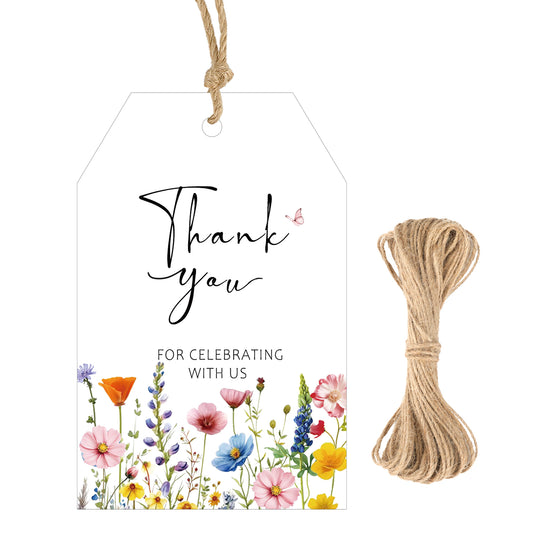 G2PLUS 50Pcs Wildflower Thank You Tags - Floral Gift Tags with String, Thank You for Celebrating with Us Tag, White Paper Party Favors Hangtag for Wedding, Baby Shower, Bridal Shower, Birthday