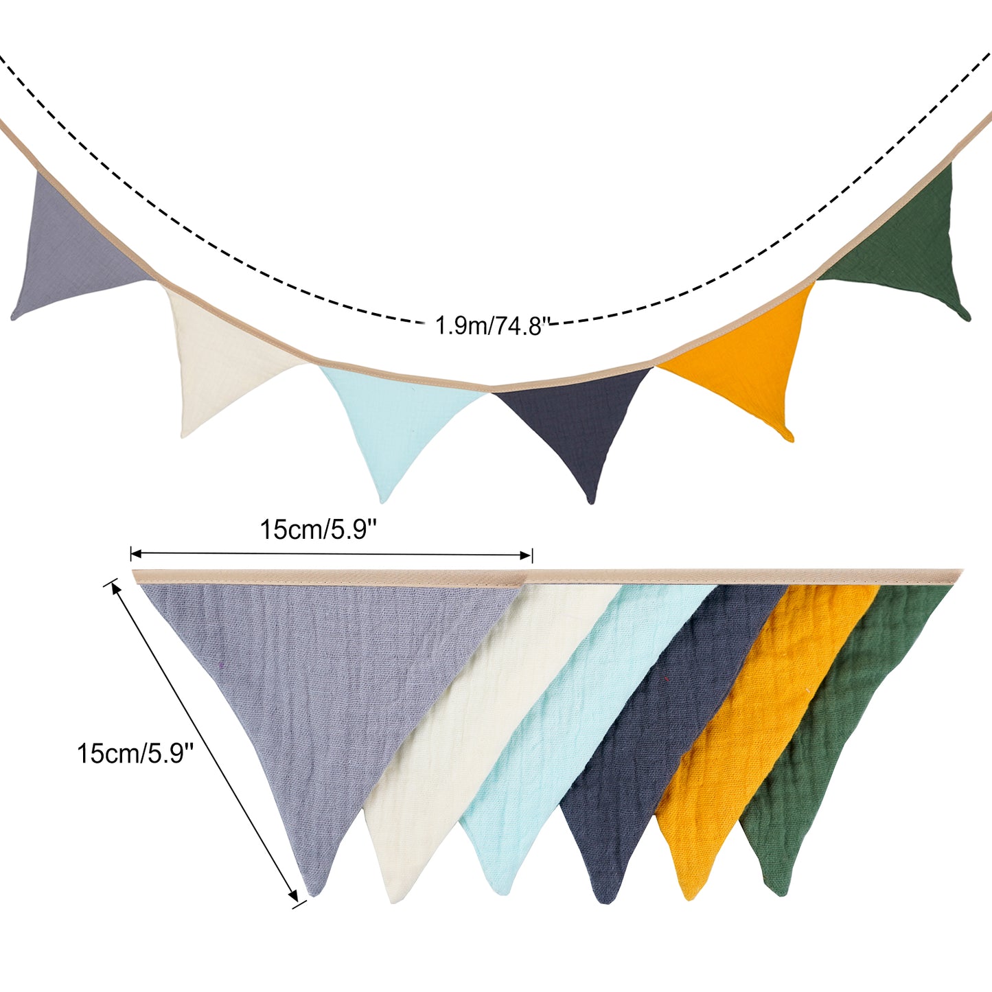G2PLUS Nursery Fabric Bunting, Baby Bunting for Nursery, 6PCS Double Side Cloth Triangle Banner, Colorful Cotton Bunting Banner for Nursery/Bedroom/Baby Shower Decor, 1.9m