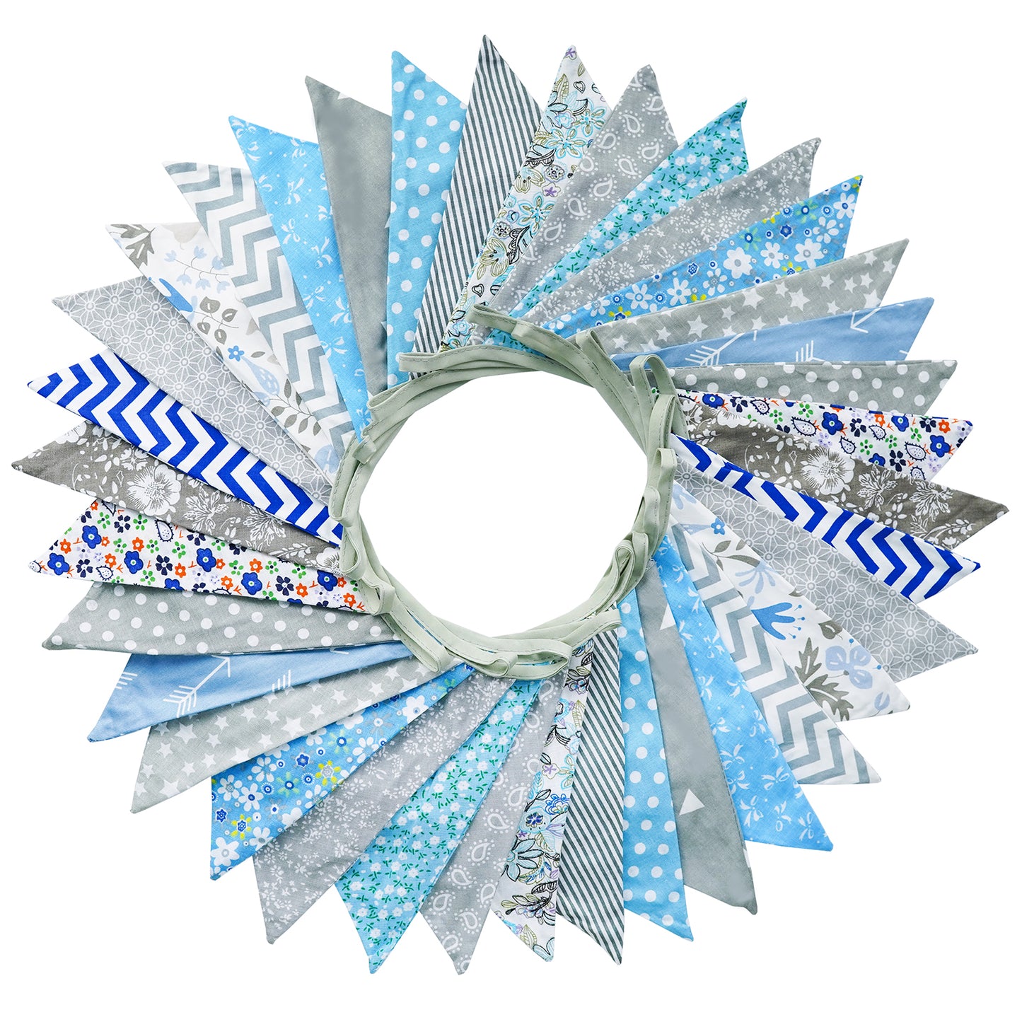 G2PLUS 36PCS Large Fabric Bunting Banner-10M Two Layer Triangle Flag Garland-17x19CM Double Sided Floral Pennants for Wedding Birthday Parties Decoration -Grey and Blue