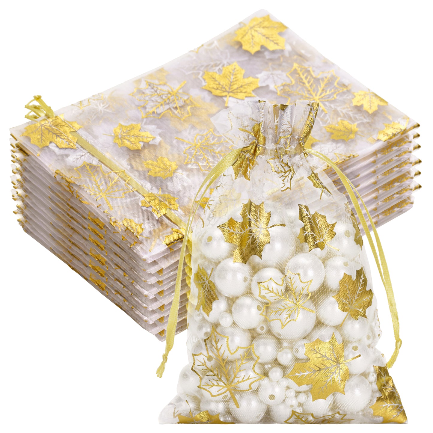 G2PLUS 50Pcs Fall Organza Drawstring Bags 4x6 In - Thanksgiving Organza Bags, White Sheer Mesh Pouches, Gold Maple Leaves Candy Treat Bags for Wedding, Baby Shower, Autumn Holiday Party Favors