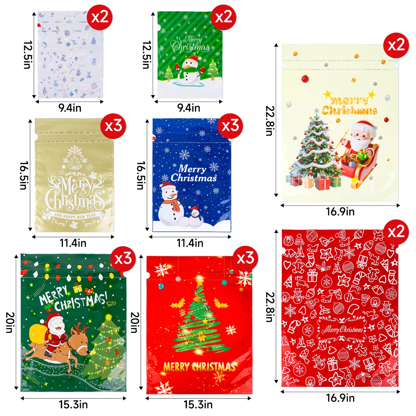 G2PLUS 20PCS Christmas Drawstring Gift Bags Assorted Sizes - 8 Designs Christmas Aluminum Foil Bags with Ribbon, Present Wrapping Pouches for Packages, Holidays, Birthday, Xmas Party Favors