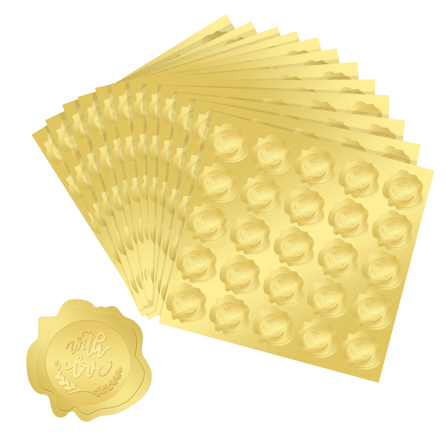 G2PLUS 300PCS Wedding Embossed Stickers, Embossed with Love Stickers, Embossed Gold Foil Stickers, Gold Embossed Wax Seal Looking Envelope Seals for Wedding, Birthday, Baby Shower Party Favors