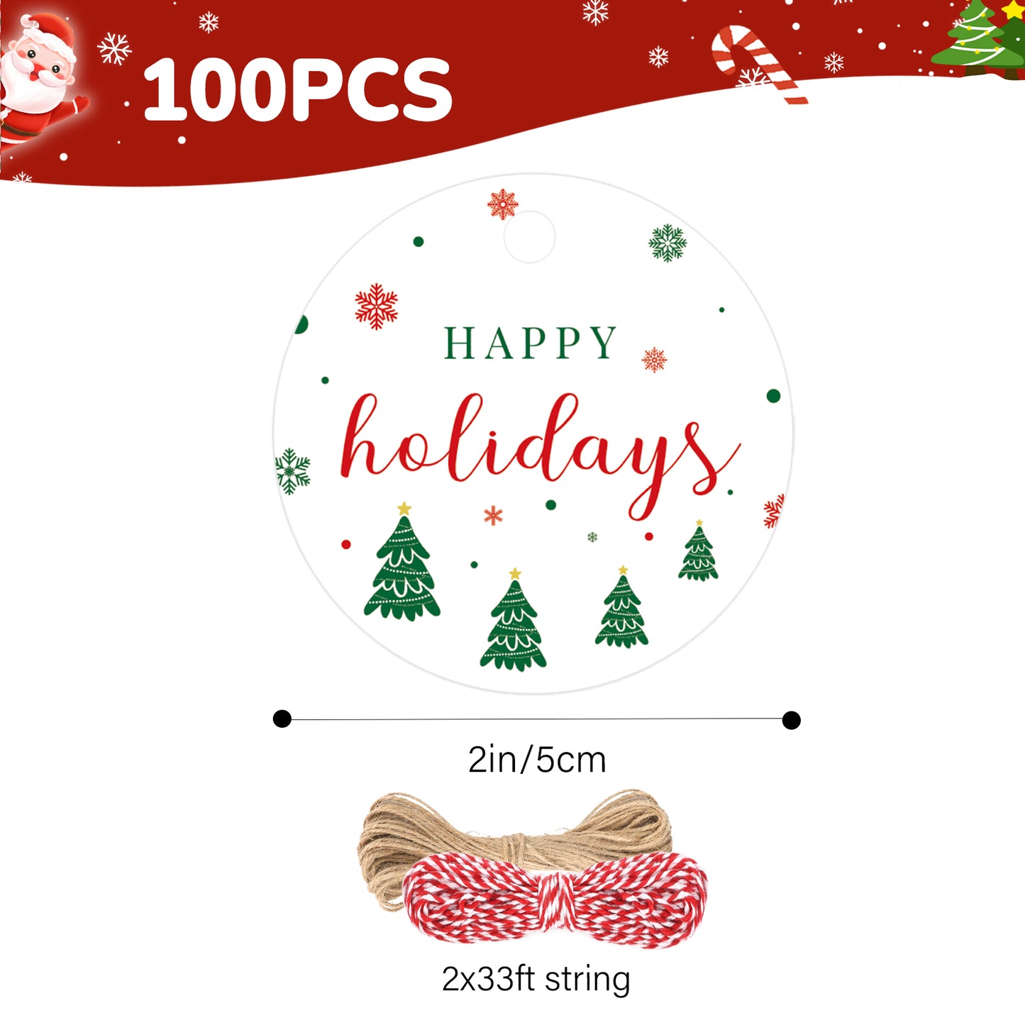 G2PLUS Happy Holiday Tags, 100PCS Christmas Holiday Tags, 2'' Round Holiday Gift Tags, Christmas Tree Paper Gift Tags with String for Xmas Gift Wrapping, DIY Arts & Crafts, Holiday Season Party Favors